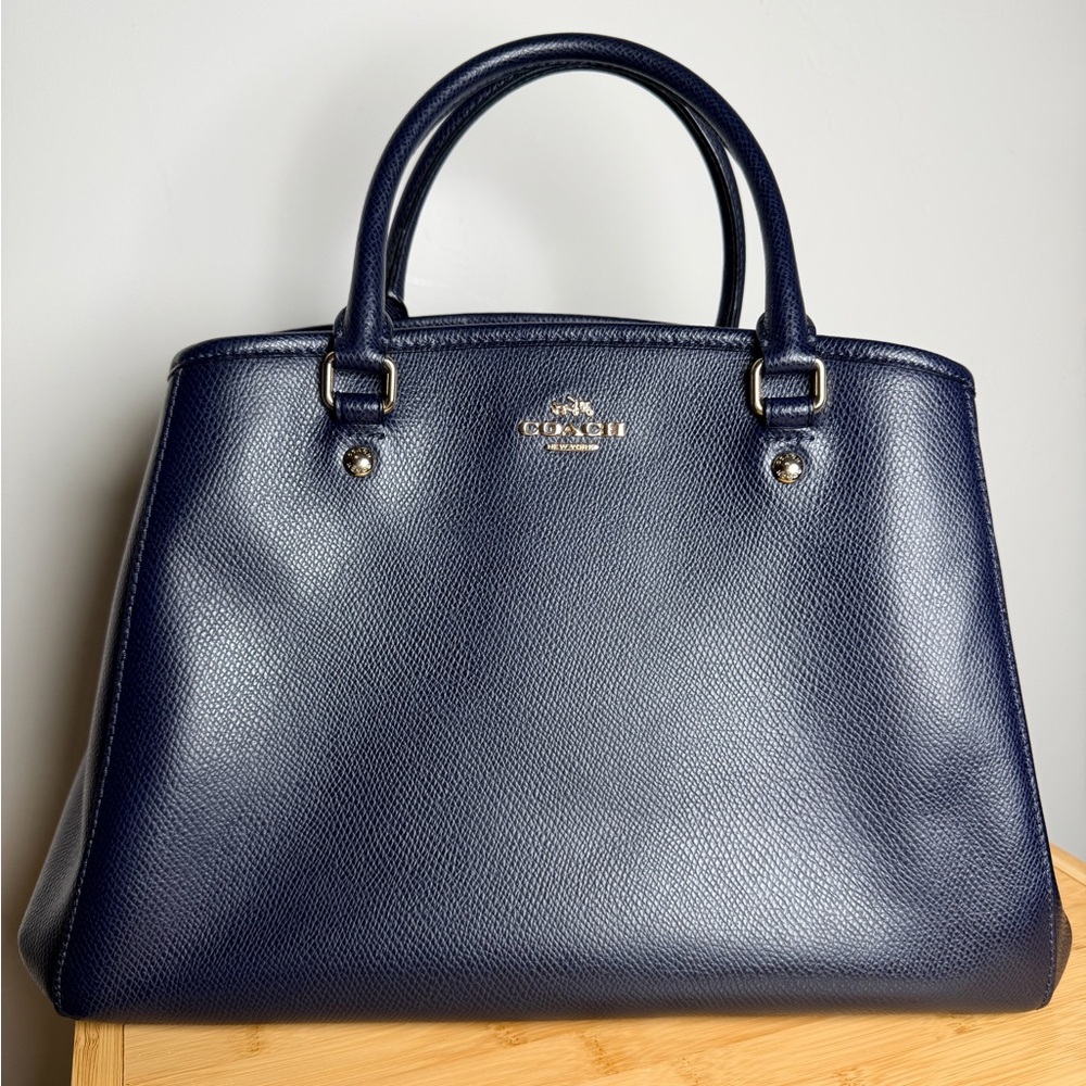 Coach Navy Pebbled Leather Top Handle Satchel Gold Hardware Margot Bag Blue - Picture 2 of 14